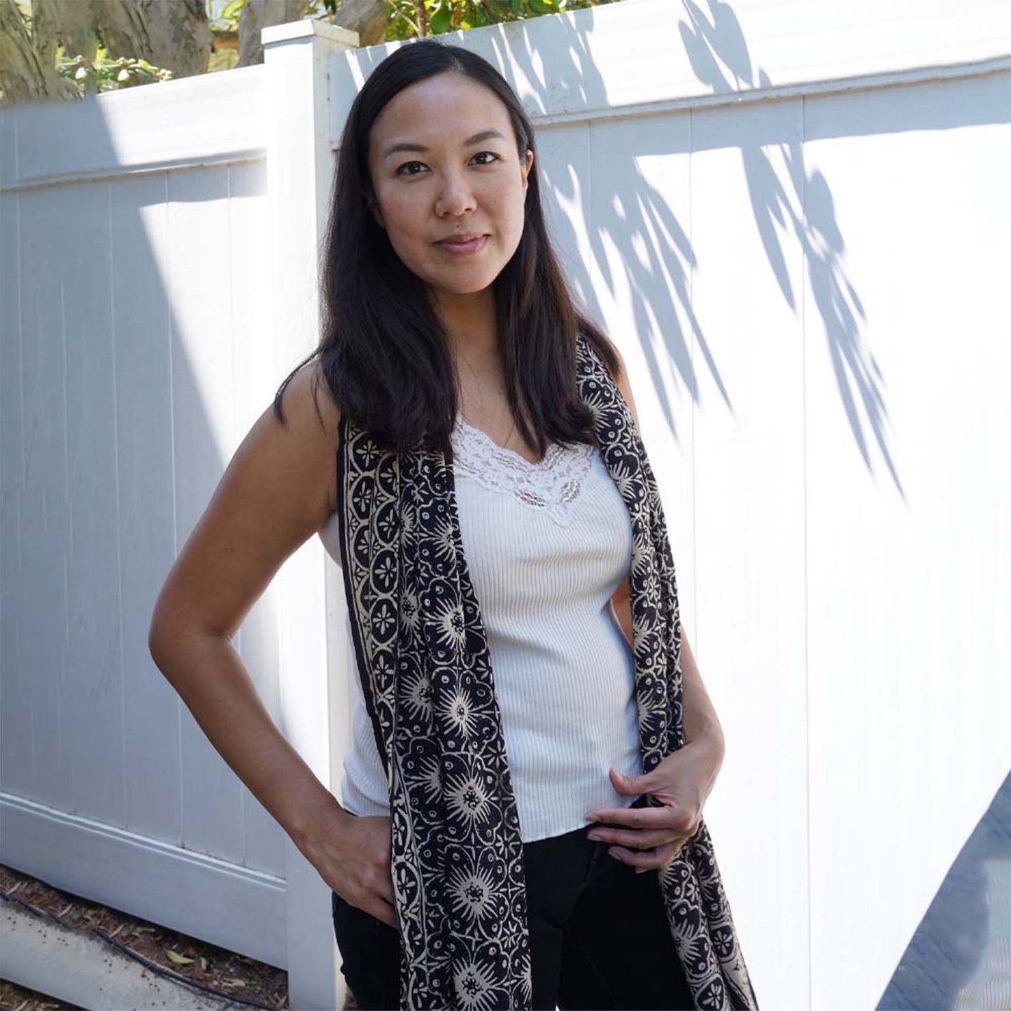 Handmade Batik Scarf - Cotton - Hibiscus Flower, Black, White