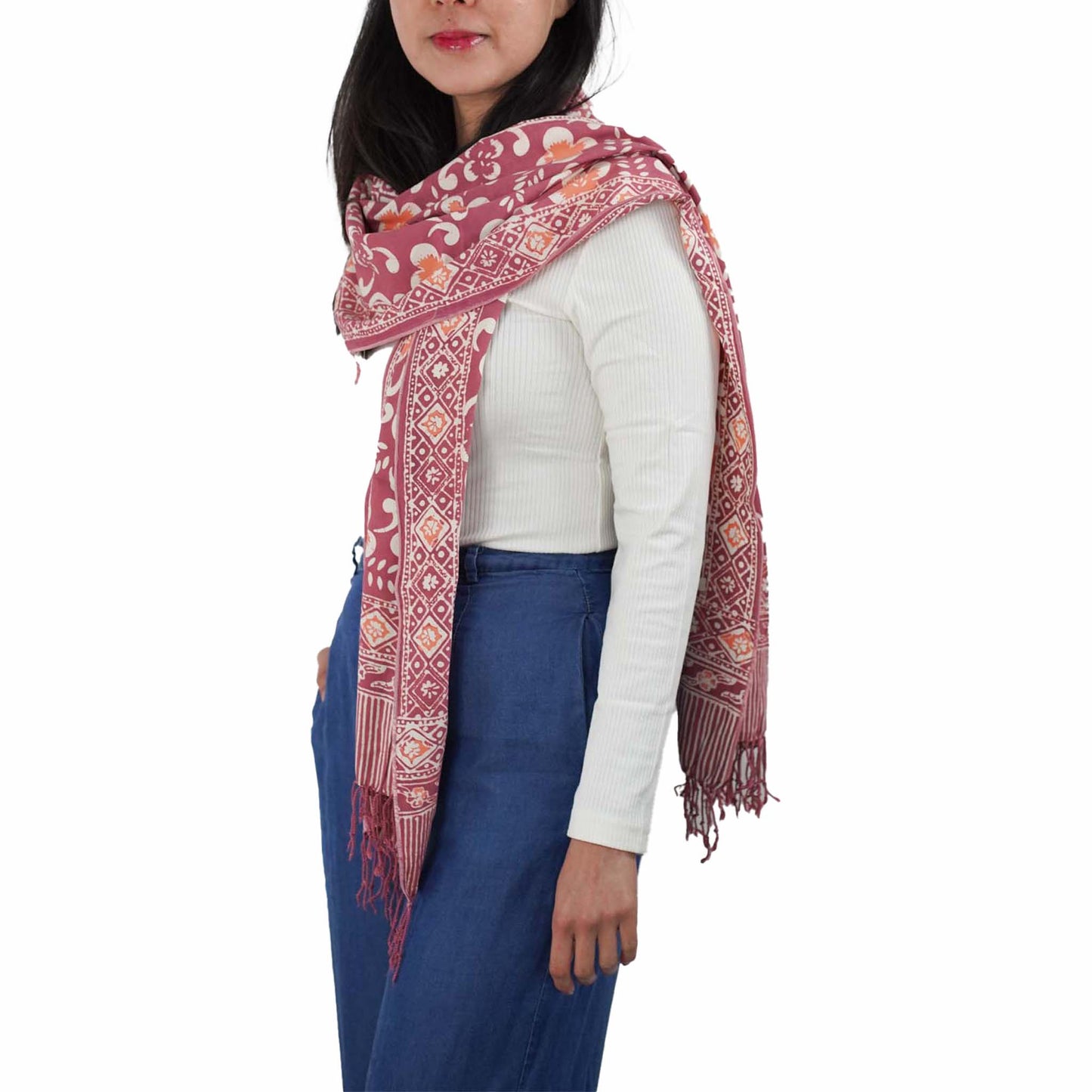 Handmade Batik Scarf, Cotton, Plumeria, Pink, Purple, Peach