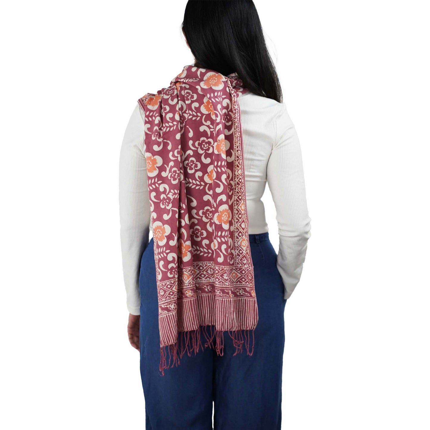 Handmade Batik Scarf, Cotton, Plumeria, Pink, Purple, Peach