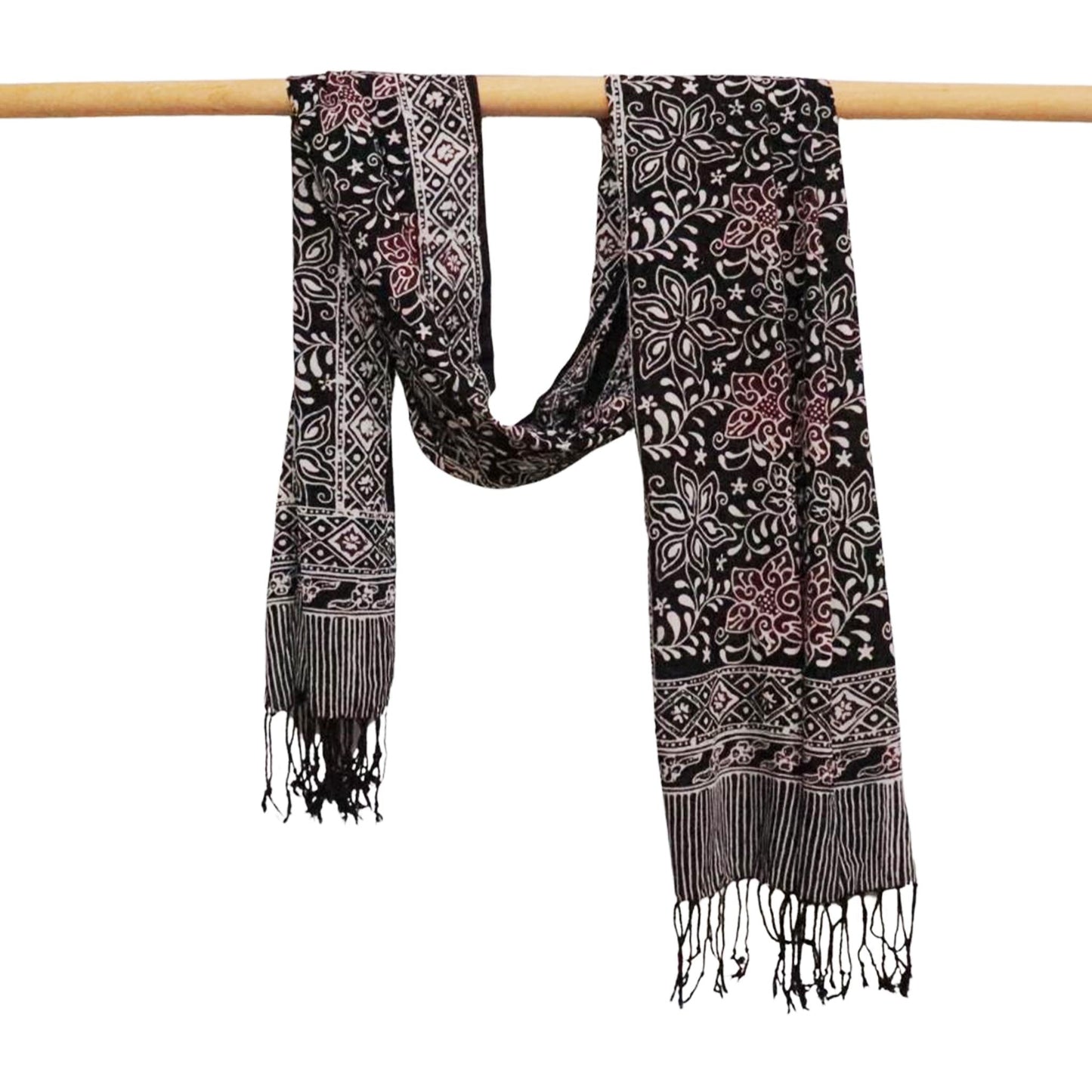 Hand Dyed Batik Scarf, 100% Cotton Fabric, Black Red Floral Star