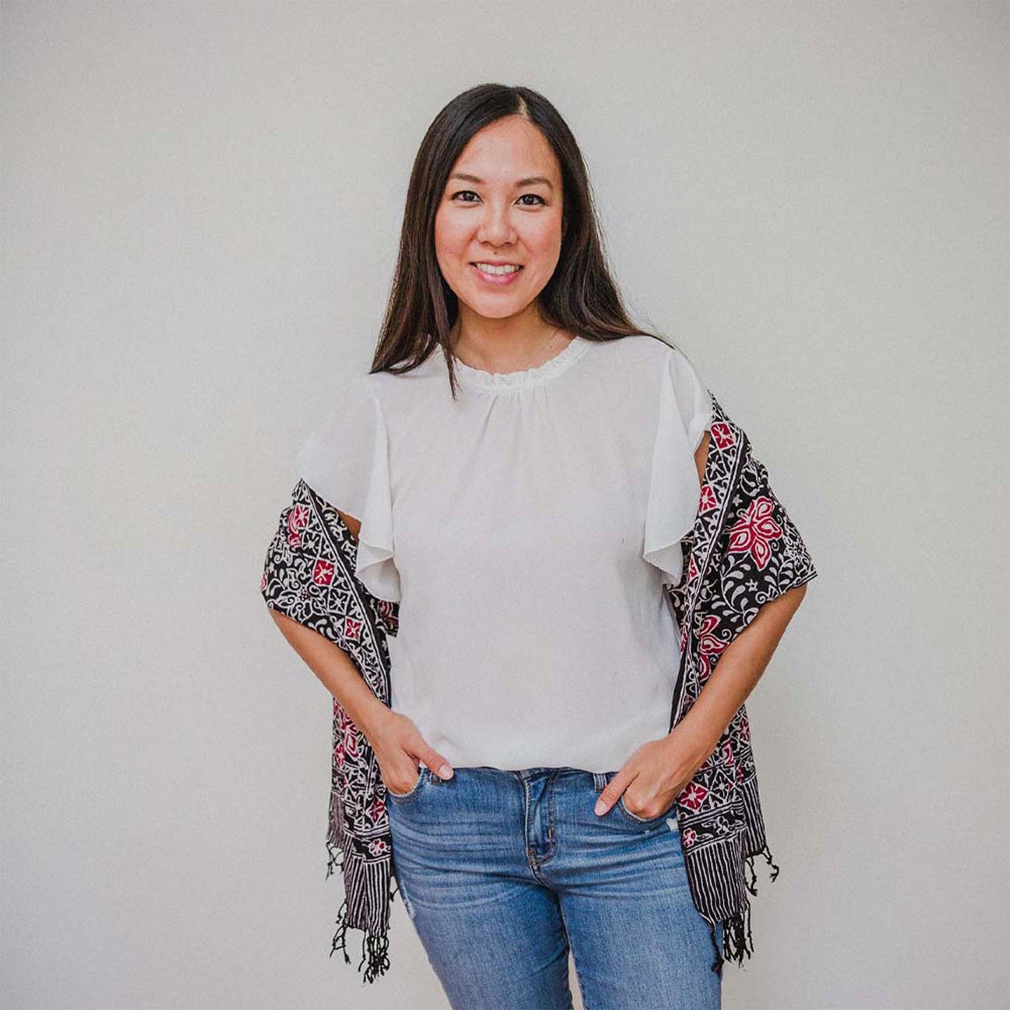 Hand Dyed Batik Scarf, 100% Cotton Fabric, Black Red Floral Star