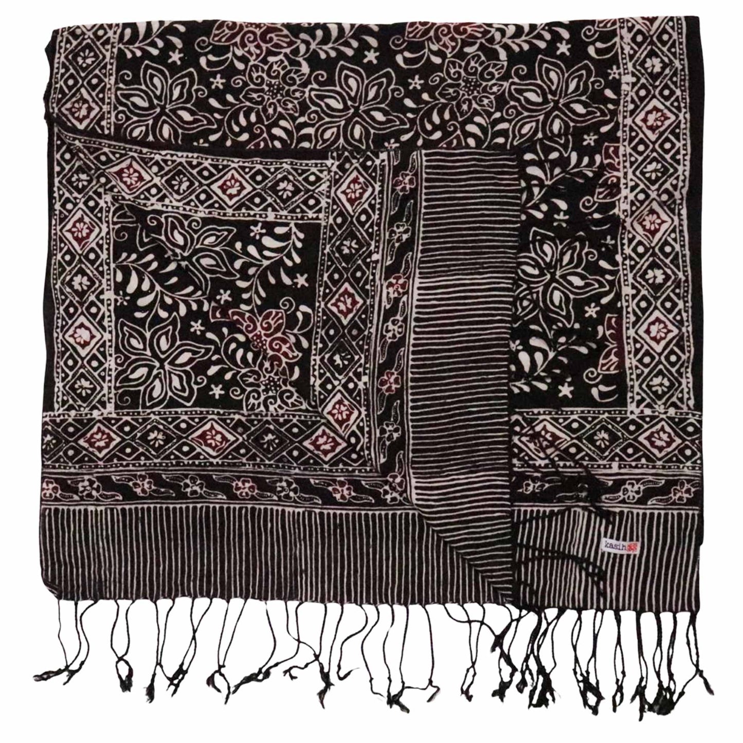 Hand Dyed Batik Scarf, 100% Cotton Fabric, Black Red Floral Star