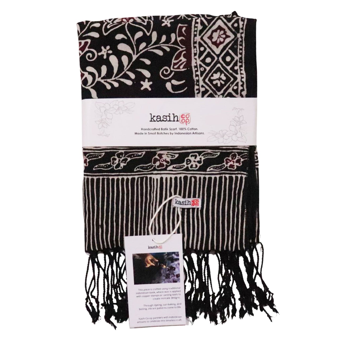 Hand Dyed Batik Scarf, 100% Cotton Fabric, Black Red Floral Star