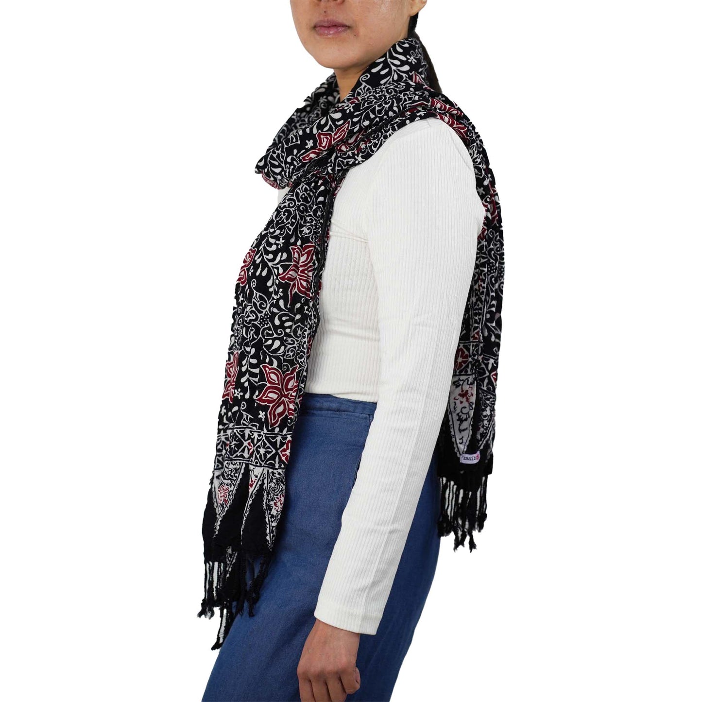 Hand Dyed Batik Scarf, 100% Cotton Fabric, Black Red Floral Star