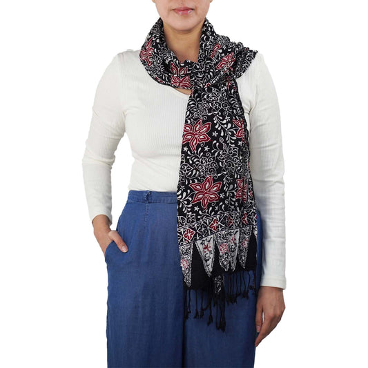 Hand Dyed Batik Scarf, 100% Cotton Fabric, Black Red Floral Star