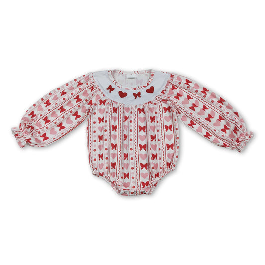 Long sleeves heart bow embroidery girls Valentine's romper