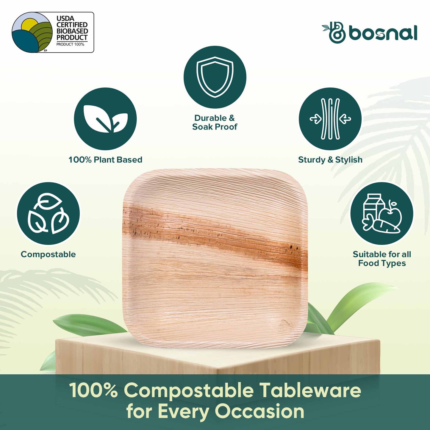 Bosnal - Palm Leaf Biodegradable Plates; 7 inch, Square