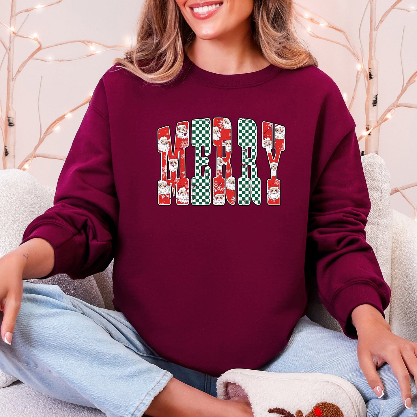 Merry, Varsity Santa, Checkered, Christmas Sweatshirt