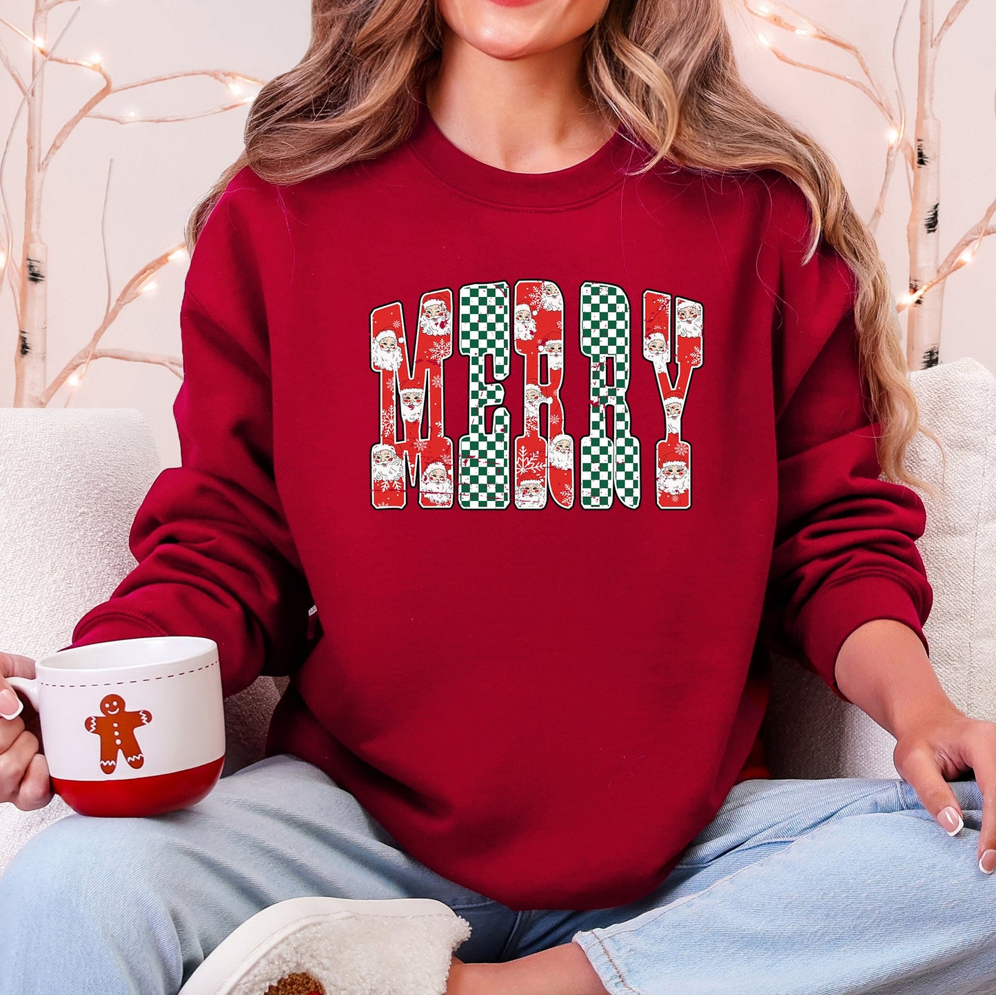 Merry, Varsity Santa, Checkered, Christmas Sweatshirt