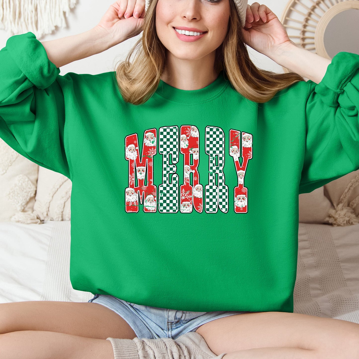 Merry, Varsity Santa, Checkered, Christmas Sweatshirt
