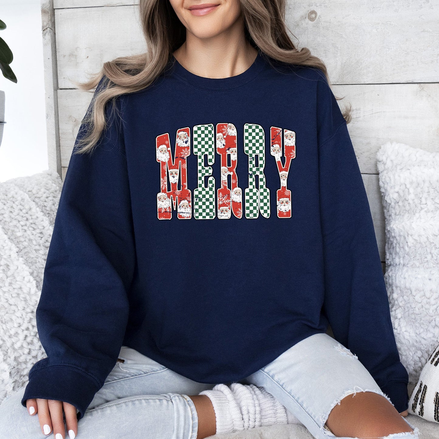 Merry, Varsity Santa, Checkered, Christmas Sweatshirt