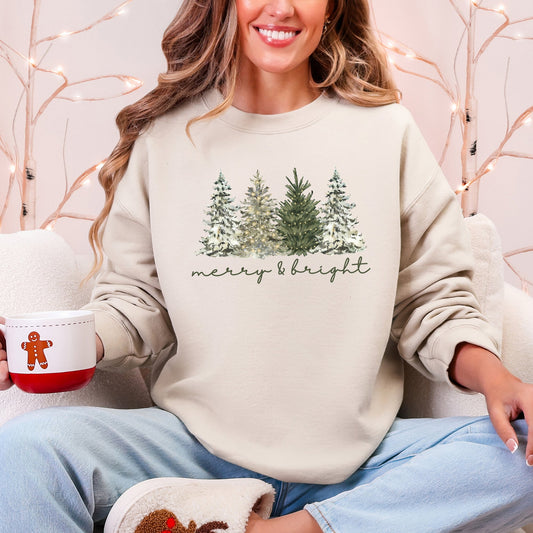 Merry and Bright, Christmas Trees, Santa, Snowflakes Sweatshirt