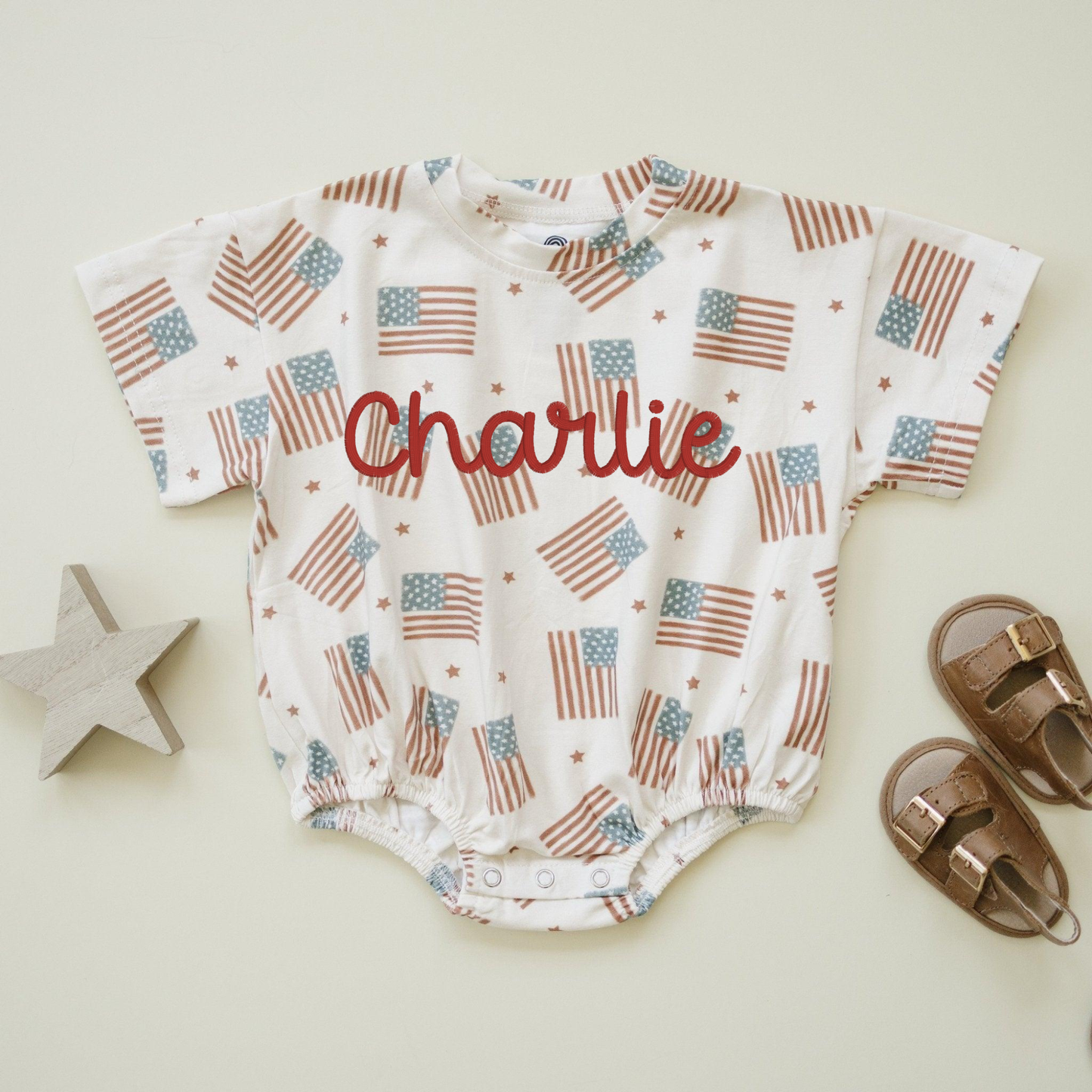4th of July Flag Print T-Shirt Romper - optional custom embroidery