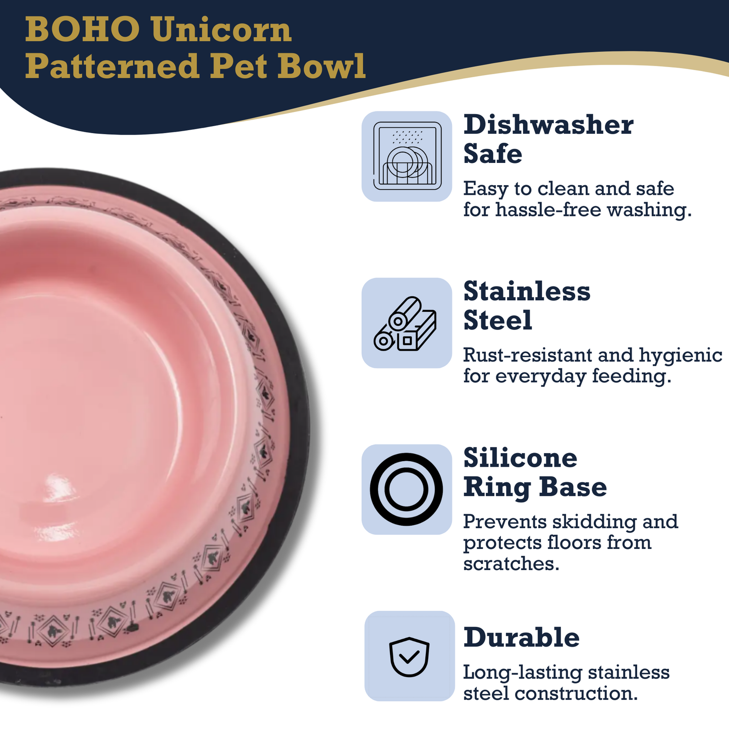 Non-Skid Boho Stainless Steel Dog Bowl – with Whimsical Unicorn Design, Silicone Base for Medium Dogs – 24oz