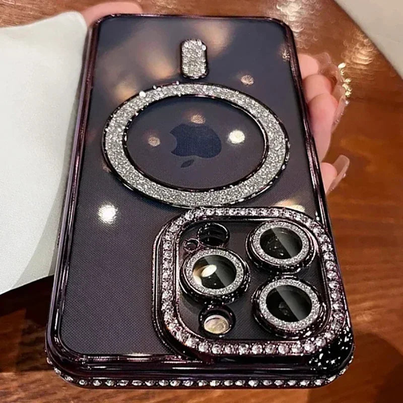Fashion Girl Pink Crystal Glitter Transparent Magnetic Case For iPhone 16 15 11 12 13 14 Pro Max Wireless Charging Diamond Cover
