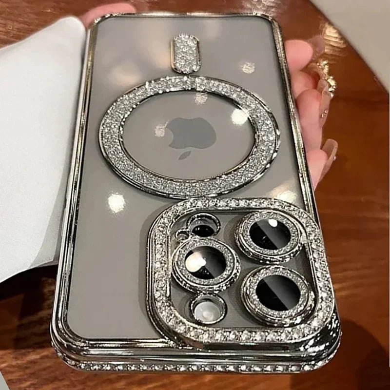 Fashion Girl Pink Crystal Glitter Transparent Magnetic Case For iPhone 16 15 11 12 13 14 Pro Max Wireless Charging Diamond Cover