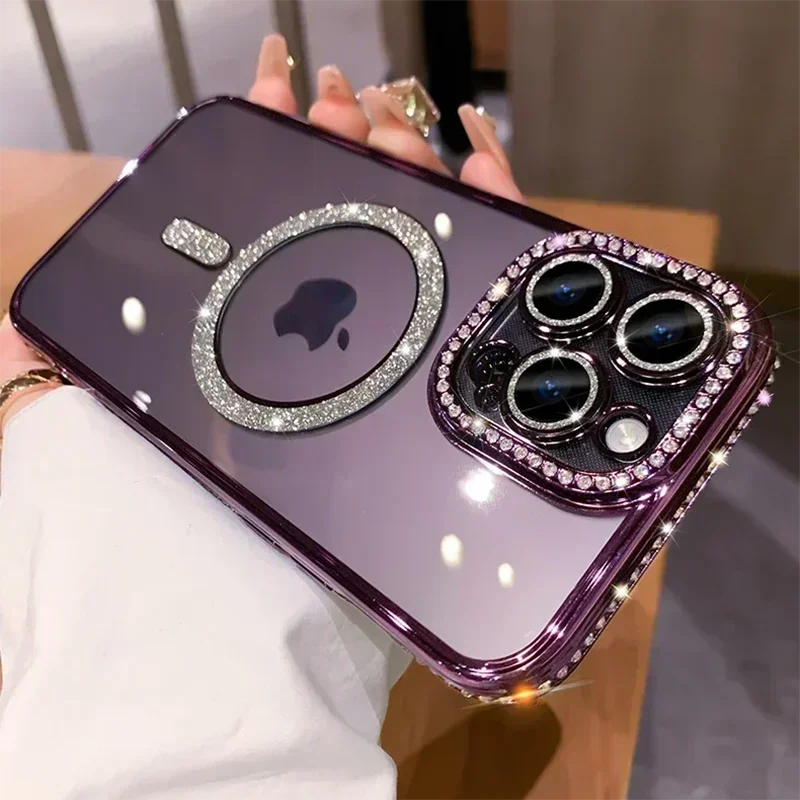 Fashion Girl Pink Crystal Glitter Transparent Magnetic Case For iPhone 16 15 11 12 13 14 Pro Max Wireless Charging Diamond Cover