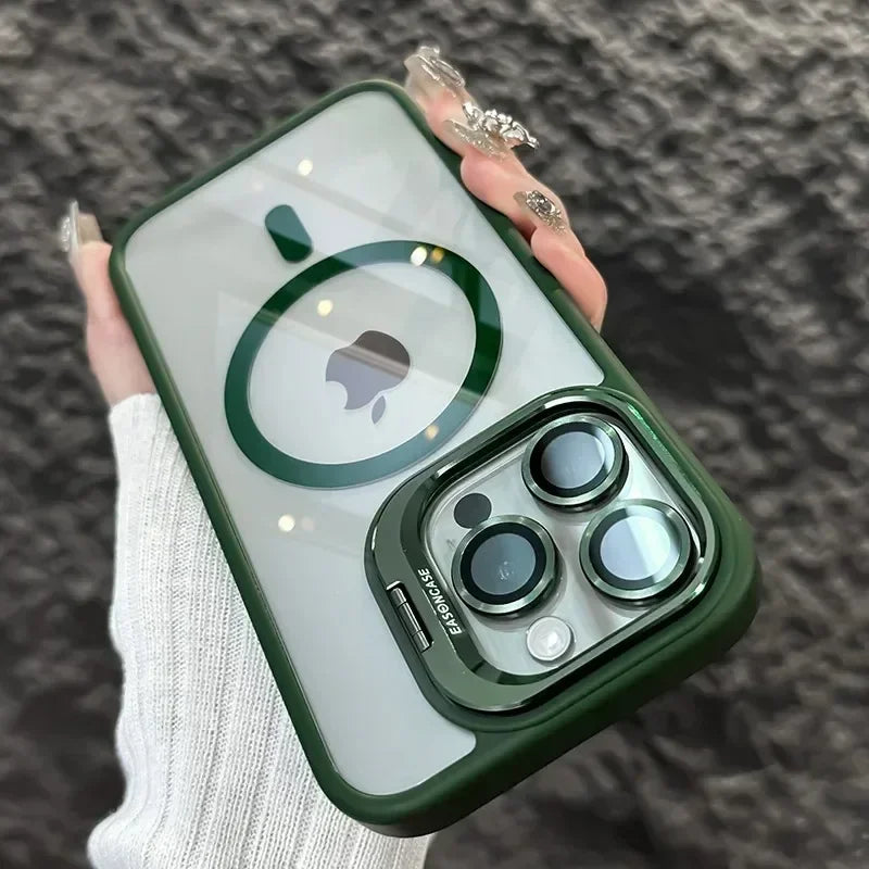 Luxury Magnetic Shockproof Phone Case For iPhone 16 17 15 14 13 12 11 Pro Max Funda For Magsafe Stand Glass Lens Protector Cover
