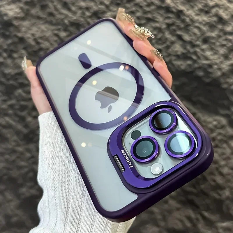 Luxury Magnetic Shockproof Phone Case For iPhone 16 17 15 14 13 12 11 Pro Max Funda For Magsafe Stand Glass Lens Protector Cover