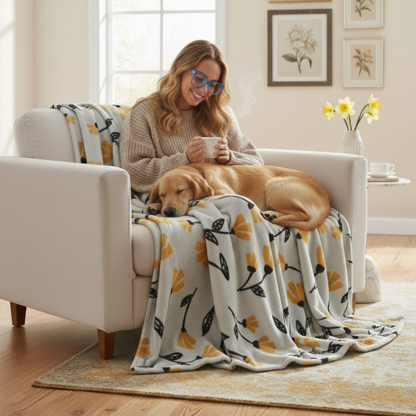 DaDa Bedding Soft Lightweight Fleece Throw Blanket, Yellow Fleur Floral Golden Orange Silver/Grey Background (XY1011)