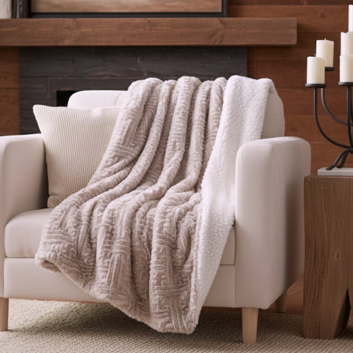 DaDalogy Bedding Lavender Grey Faux Fur Throw Blanket - Dreamy Geometric Embossed Sherpa Backside - Super Soft Warm Cozy Plush Fluffy