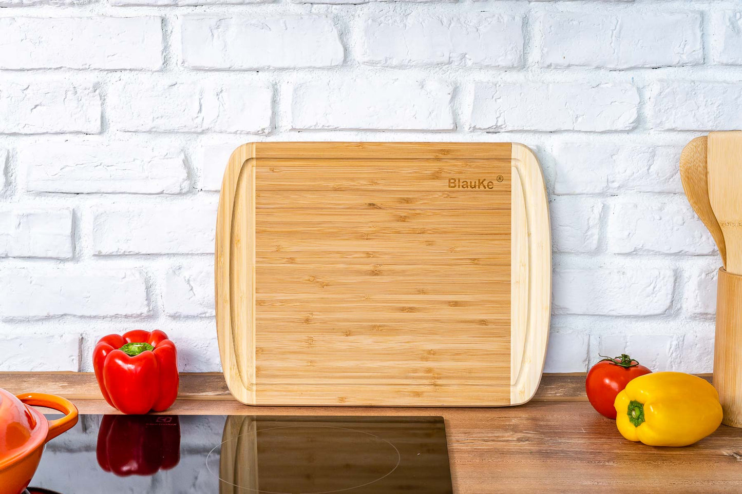 Large Wood Cutting Board for Kitchen 14x11 inch - Bamboo Chopping Board with Juice Groove - Wooden Serving Tray