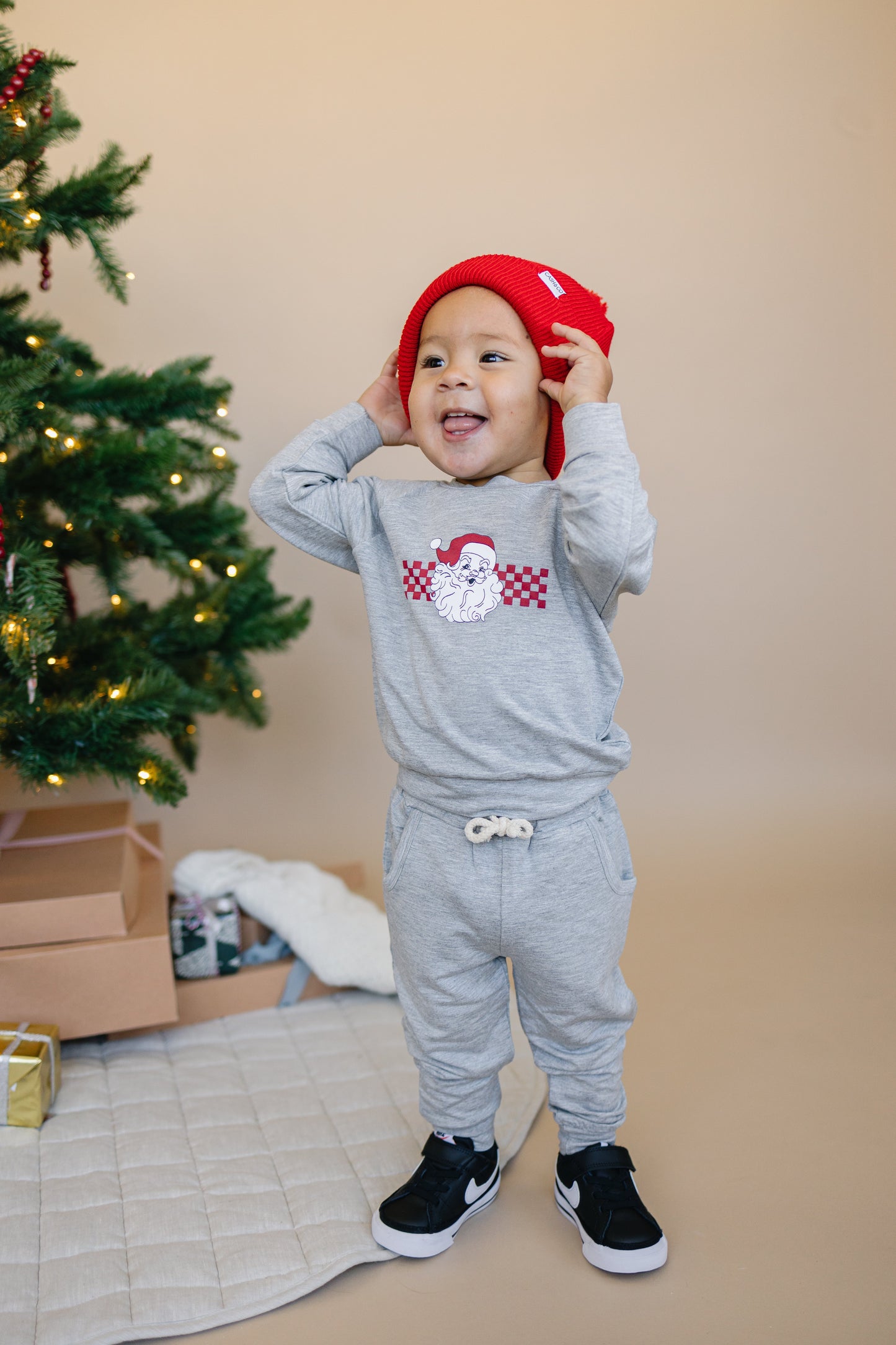 Checkered Santa Christmas Bamboo Crewneck & Jogger Set