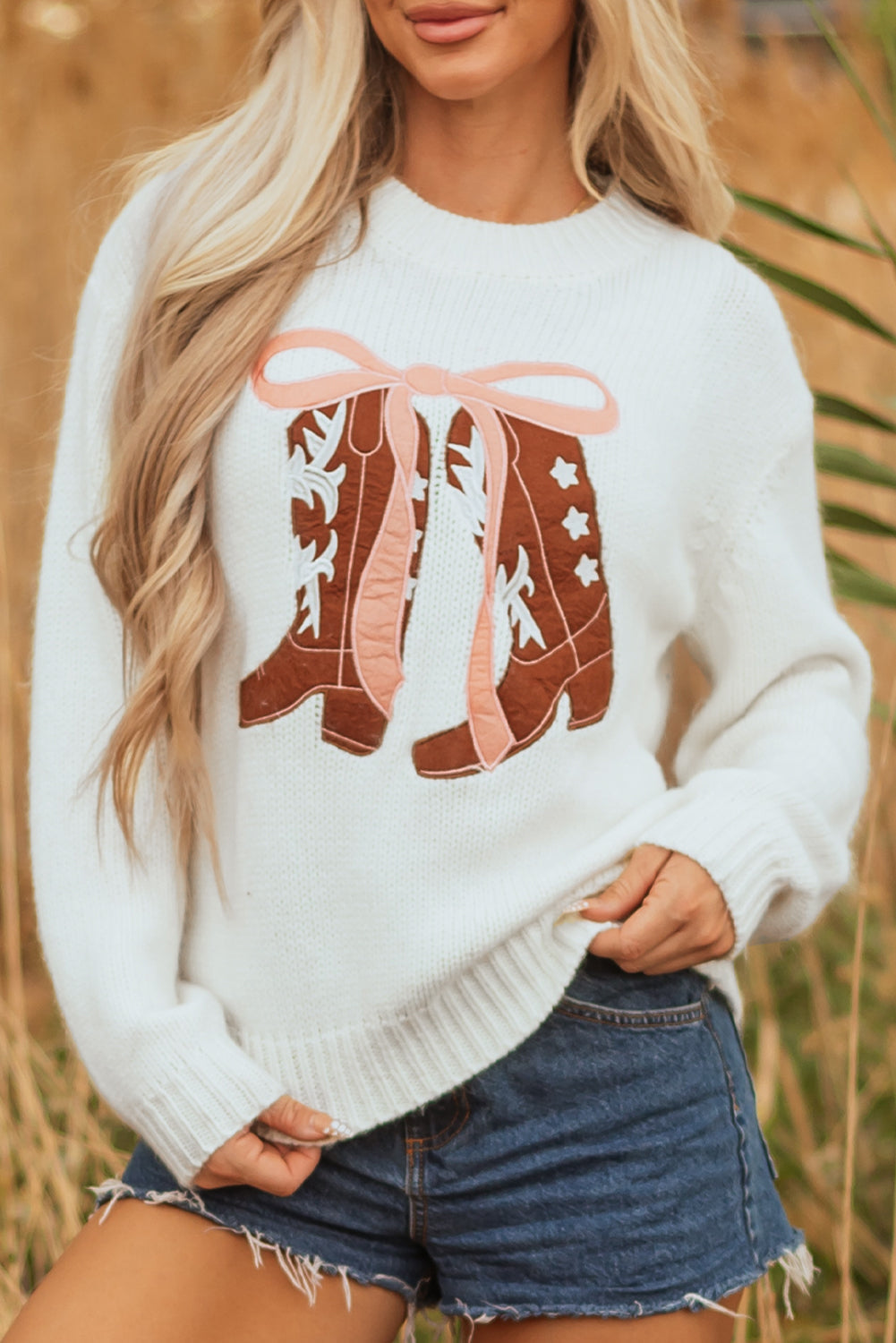 Western Bow Tie Boots Embroidered Drop Shoulder Sweater