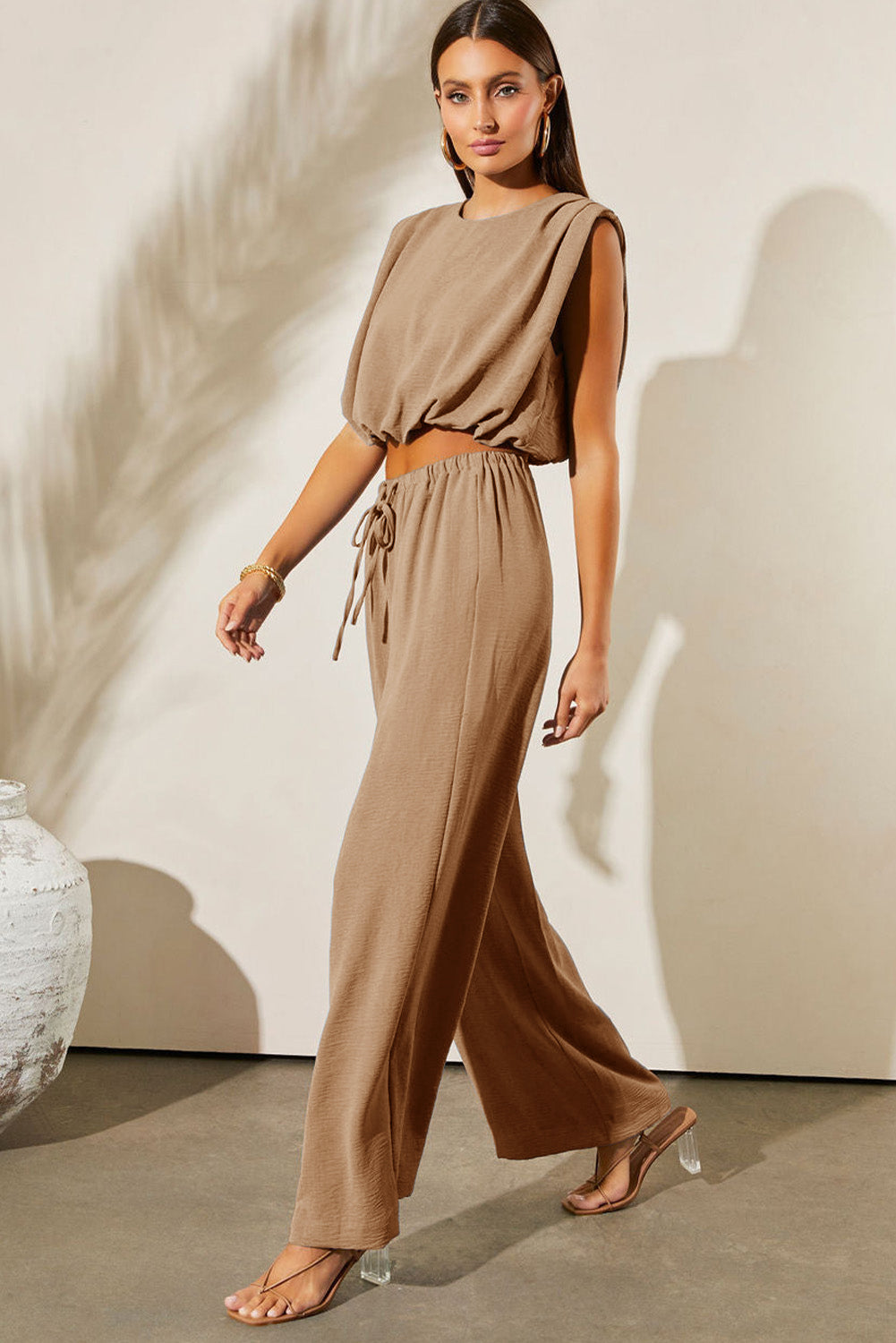 Solid Keyhole Puffy Tank and Pants Set