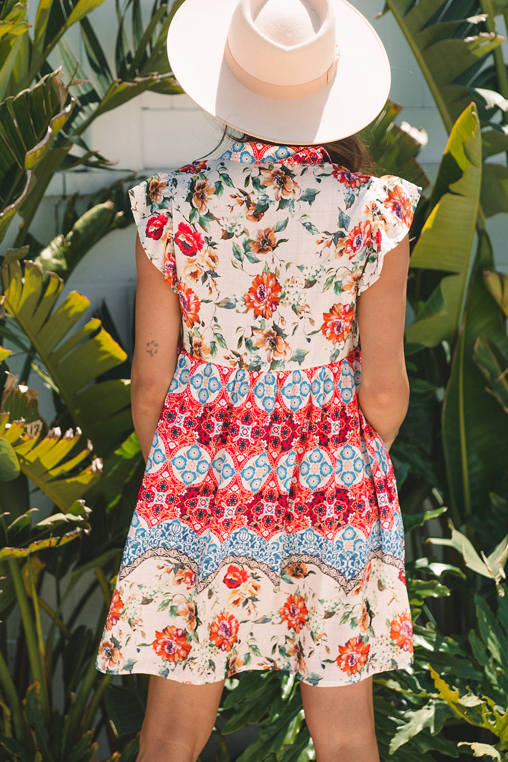 Floral Ruffle Flutter Sleeve Buttoned Mini Dress