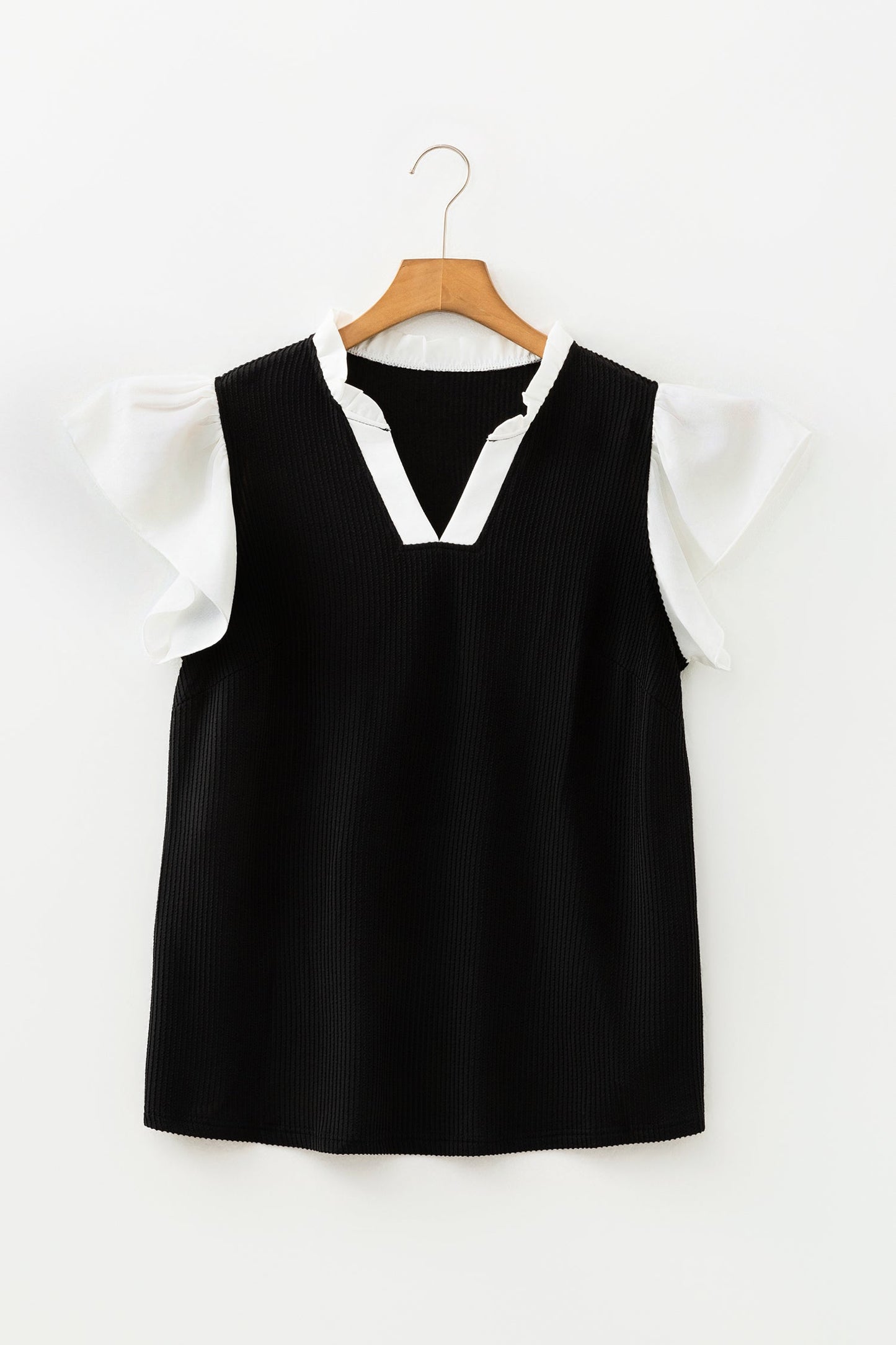 Plus Size Colorblock Corded Knit Ruffle Sleeve Blouse