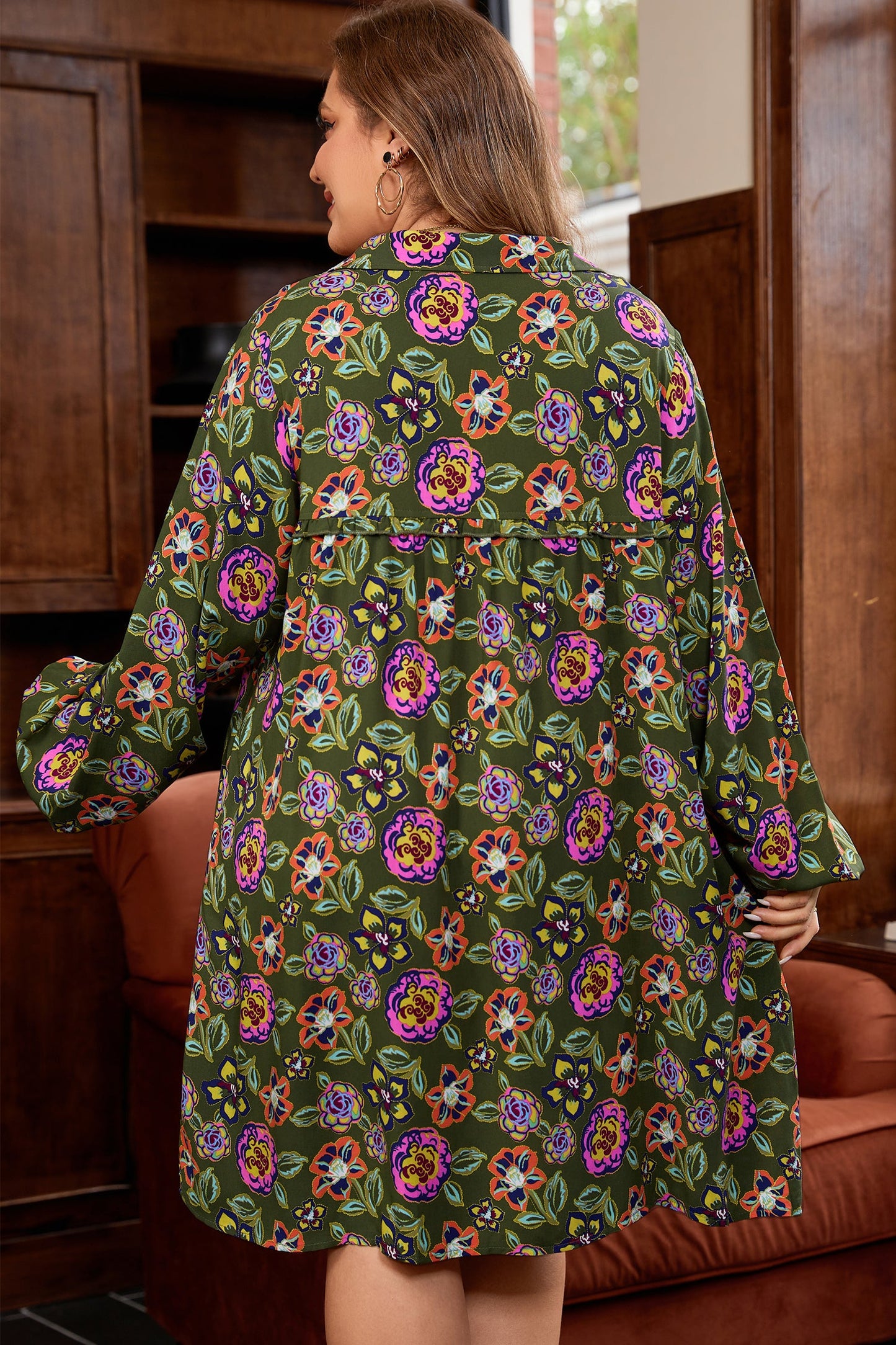 Plus Size Floral Collared V-Neck Mini Dress