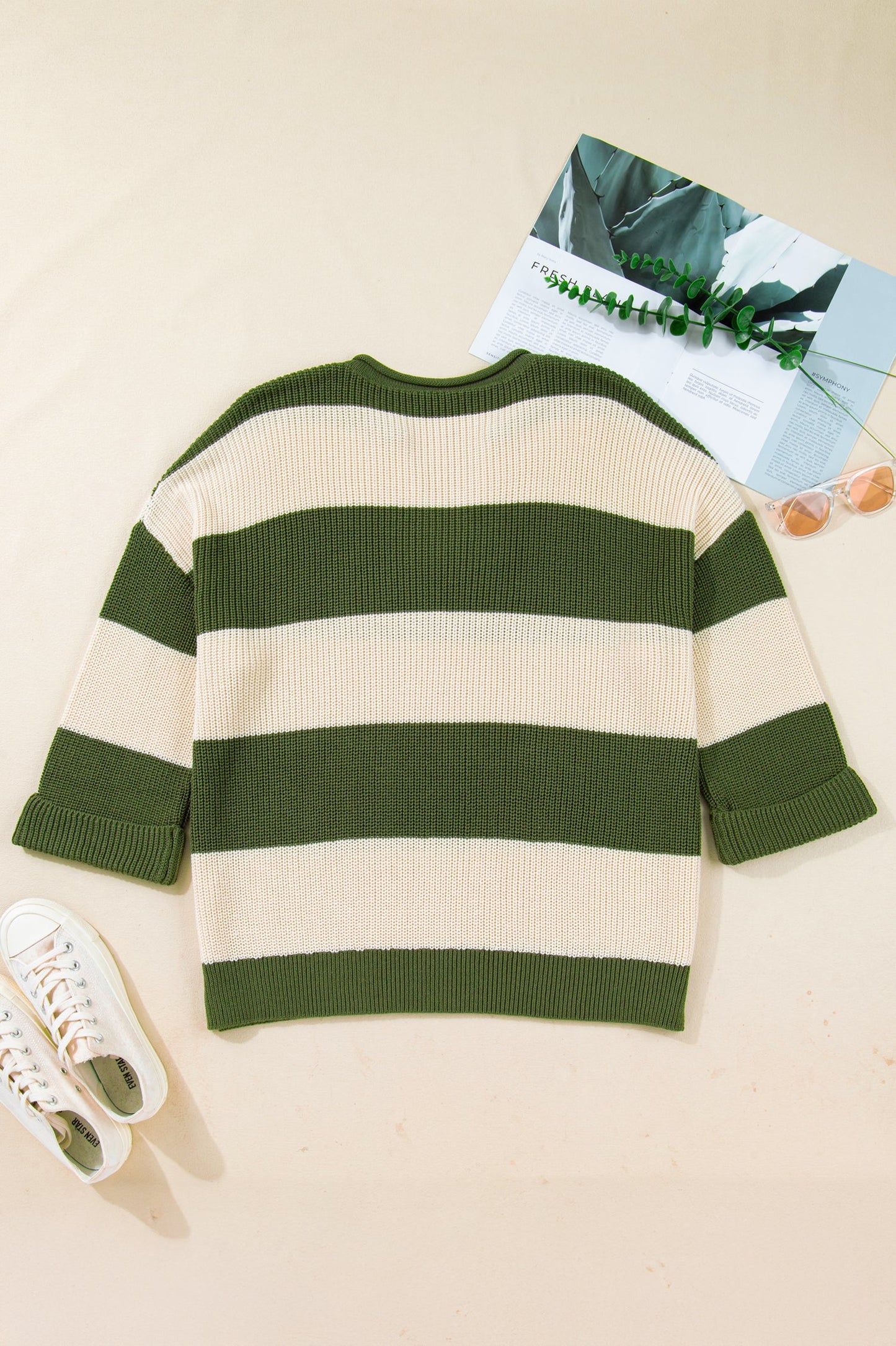 Plus Size Stripe Colorblock Notched Neck Sweater