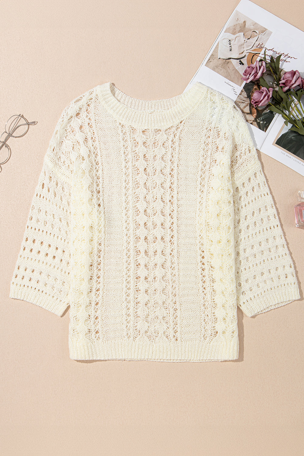Hollow Out Knit 3/4 Drop Shoulder Sweater