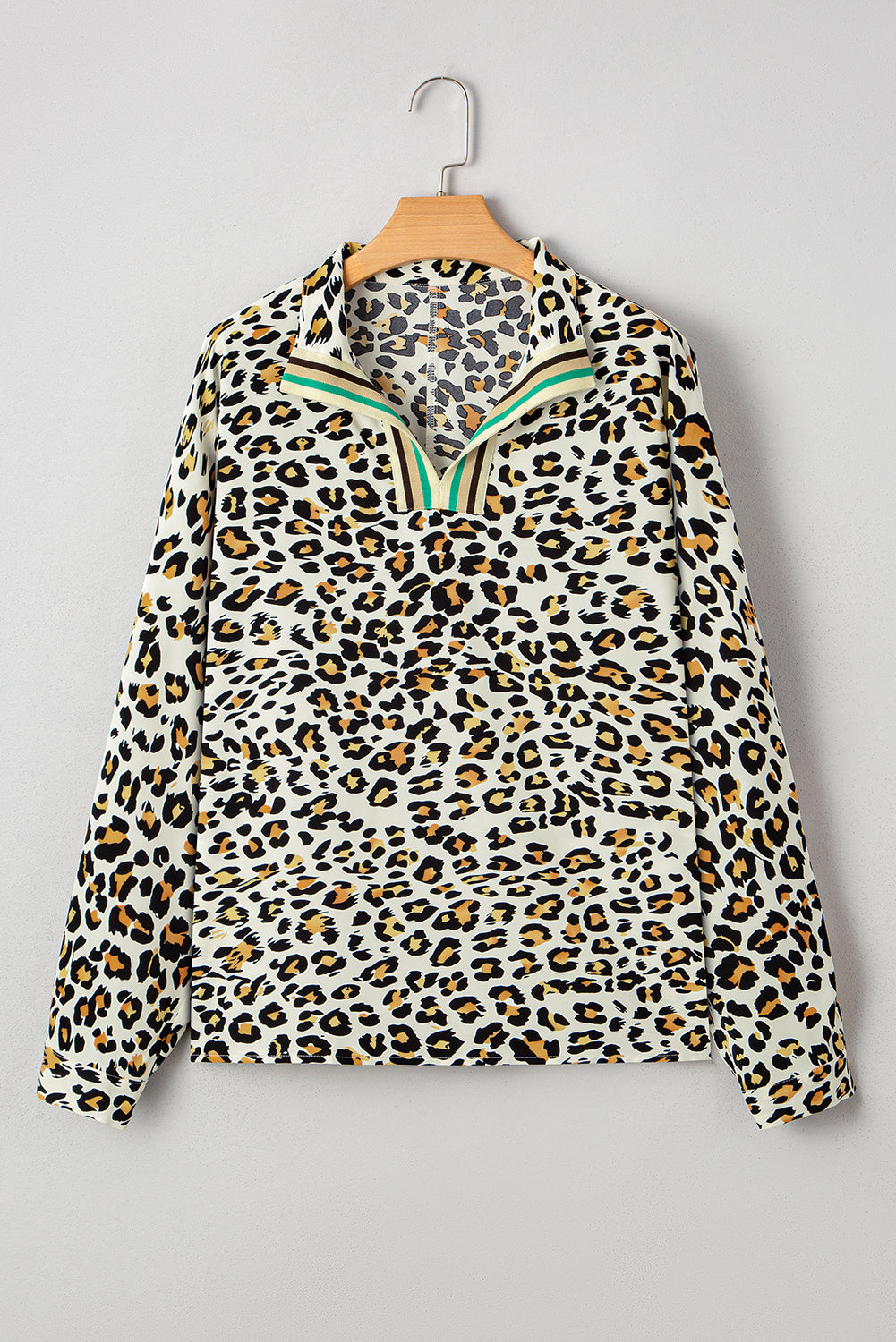 Leopard Contrast Stripe V-Neck Long Sleeve Blouse