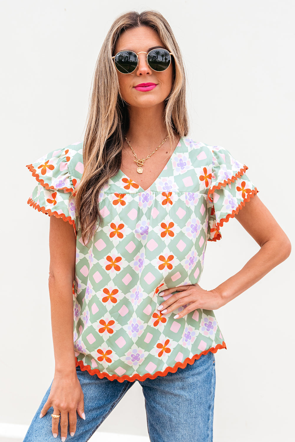 Geometric Floral V-Neck Layered Flutter Sleeve Blouse
