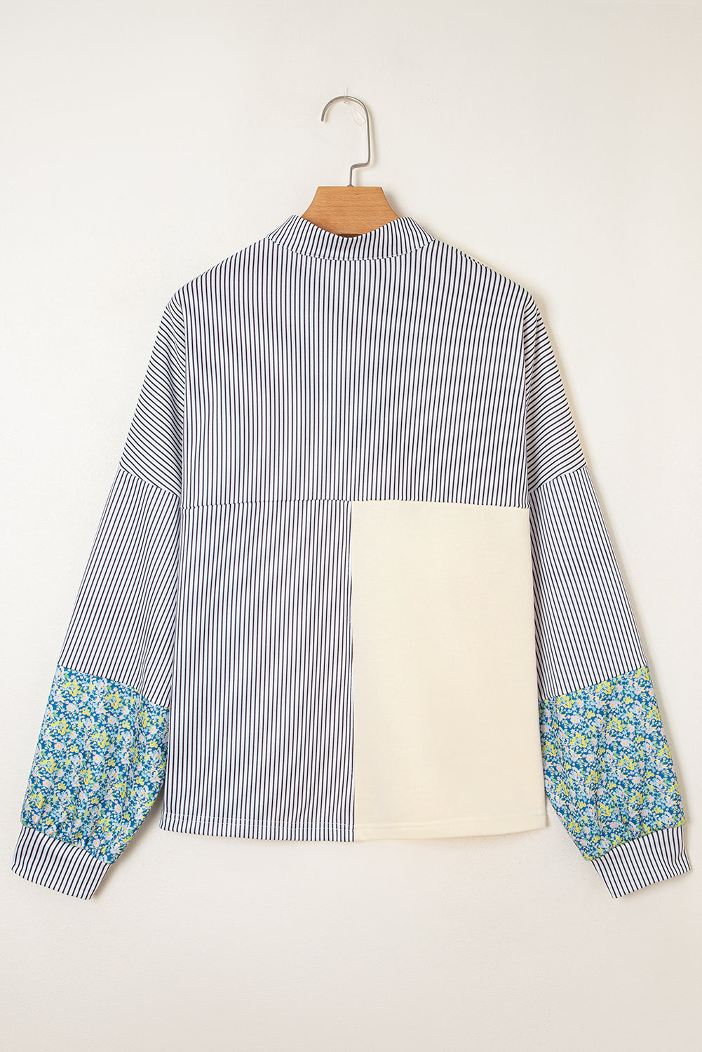 Floral Stripe Collared V-Neck Drop Sleeve Sweatshirt