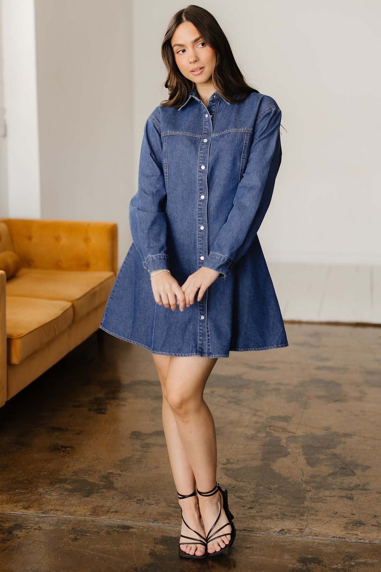 Denim Shirt Collar Long Sleeve Mini Dress