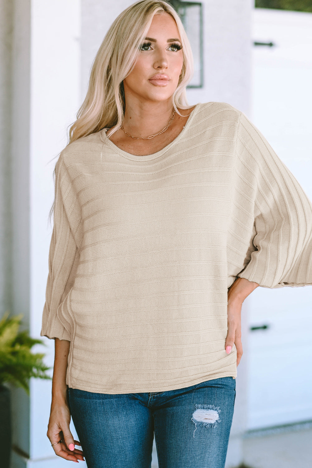 Ribbed Knit Reverse Seam 3/4 Sleeve Sweater