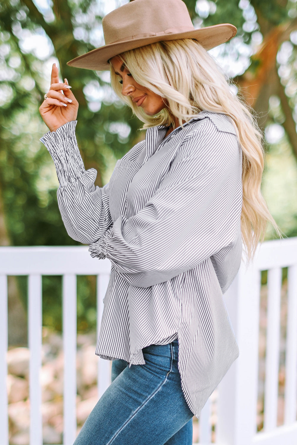 Stripe Smocked Long Sleeve Button-Up Shirt