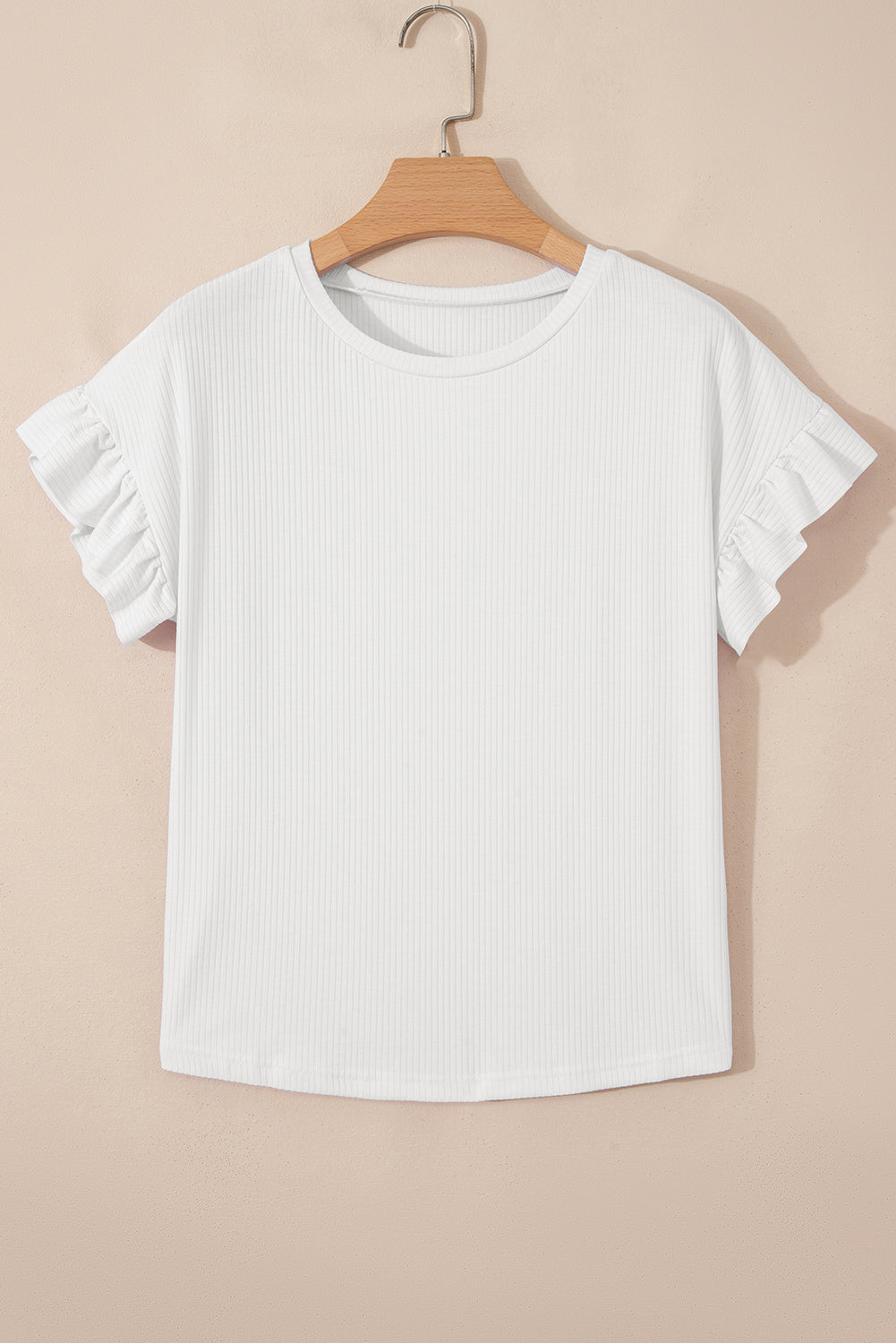 Solid Ribbed Knit Ruffle Short Sleeve T-Shirt