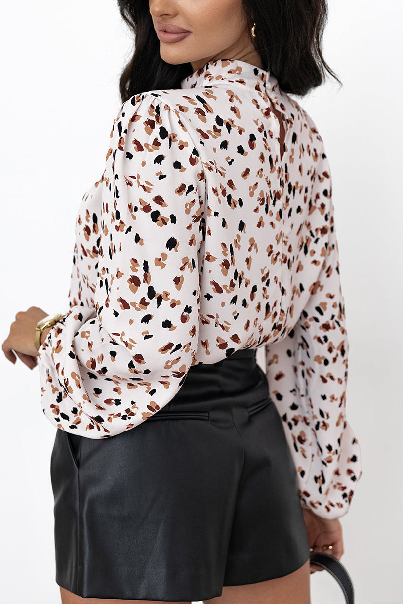 Leopard Lantern Sleeve Pleated Blouse