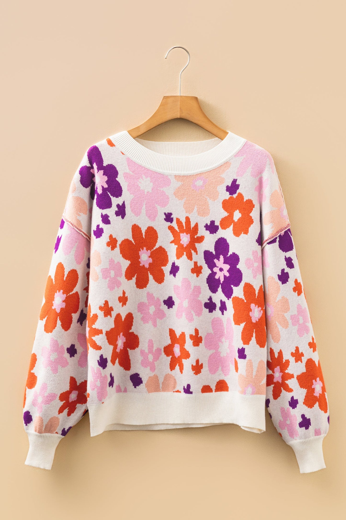 Floral Ribbed Trim Drop Shoulder Sweater