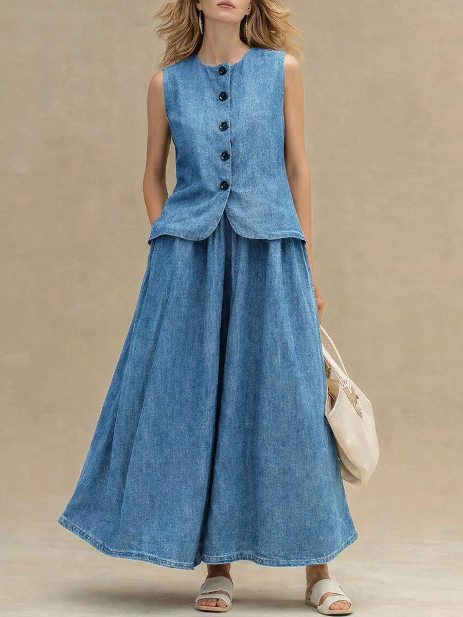 Women's Crew Neck Denim Vest Top & High-Waist A-Line Skirt Set – 3 Colors S–XXL