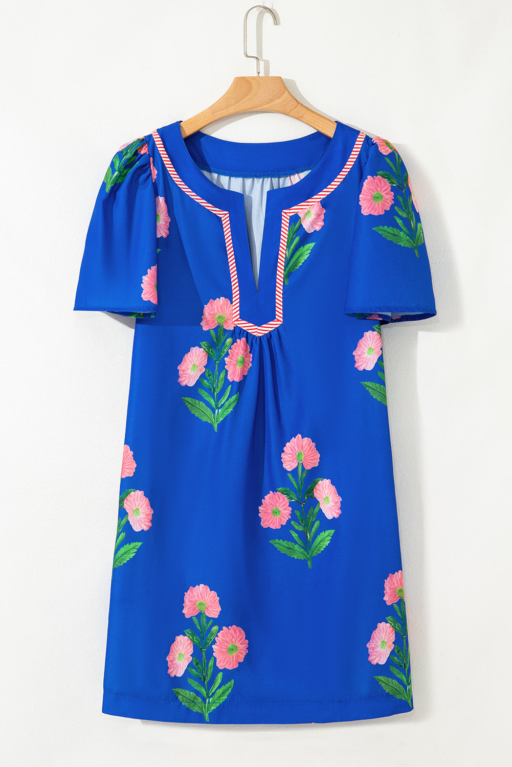 Floral Short Sleeve Split Neck Mini Dress