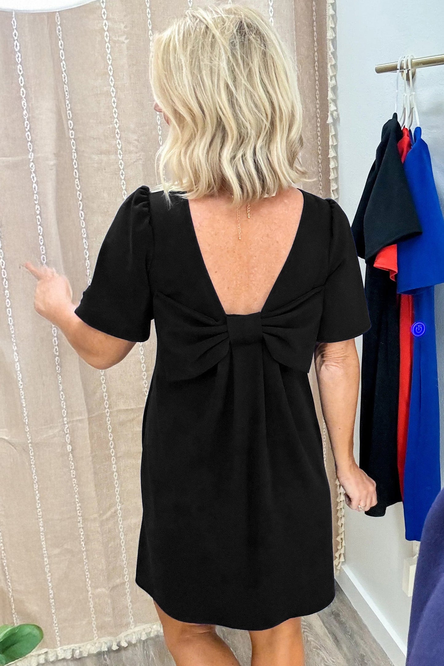 Solid Backless Bow Tie Short Sleeve Mini Dress