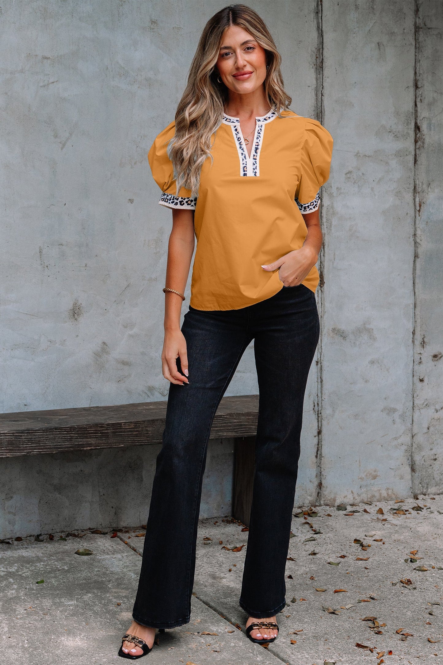 Leopard Contrast Trim Split Neck Puff Sleeve Blouse