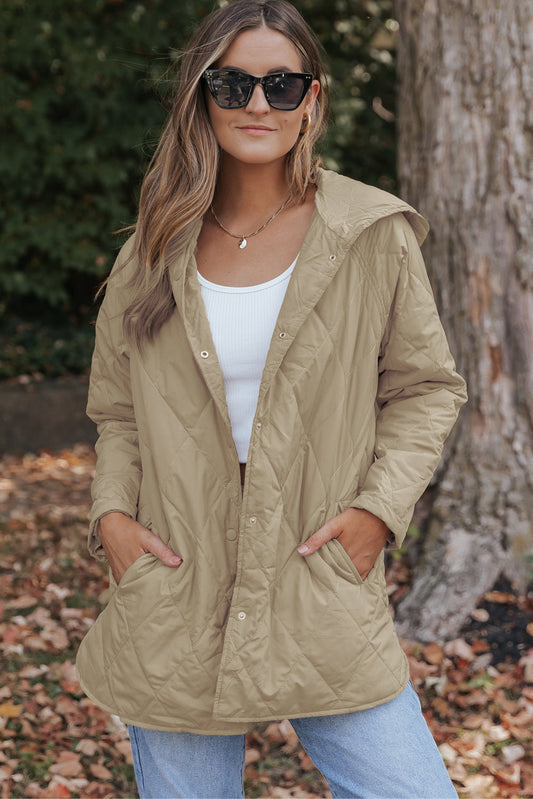 Solid Quilted Snap Button Hooded Puffer Coat