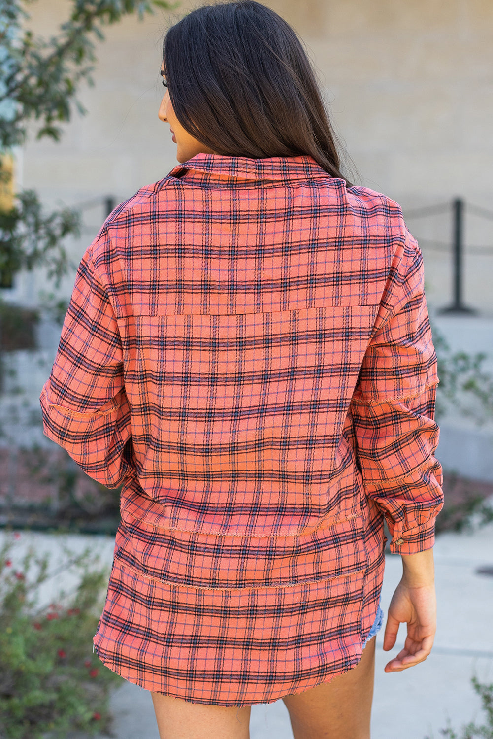 Plaid Button-Up Distressed Hem Long Sleeve Shirt