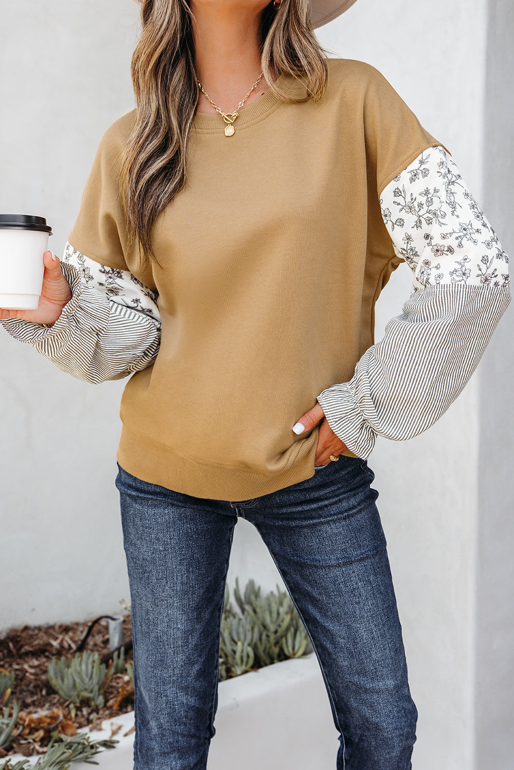 Floral Stripe Patchwork Ruffle Sleeve Crewneck Sweatshirt